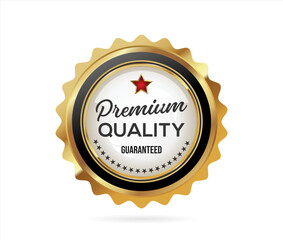 Premium quality badge with gold ribbon on white background 