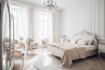 Pastel bedroom interior with romantic furniture, French decor. Generative AI