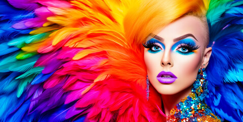 Drag queen person wearing heavy extravagant makeup and rainbow dress. Proud expression. Wide banner with copy space on side. Generative AI © Lubo Ivanko