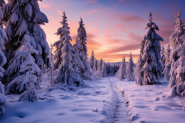 Snow-covered pine trees at dusk