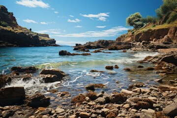 Fototapeta na wymiar Coast rocks beach and waves, summer landscape