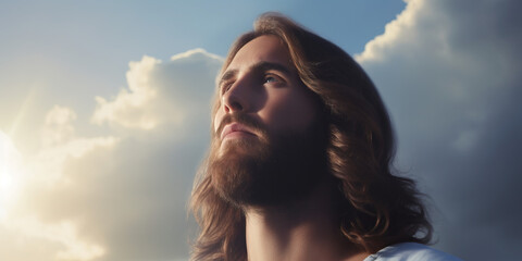 portrait of a young man with long hair and beard resembling jesus christ staring lovingly towards the heaven kingdom above - obrazy, fototapety, plakaty
