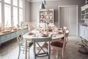 Modern dining room in pastel colors. Generative AI