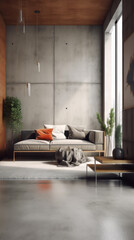 Interior of a living room with cement walls. Generative AI