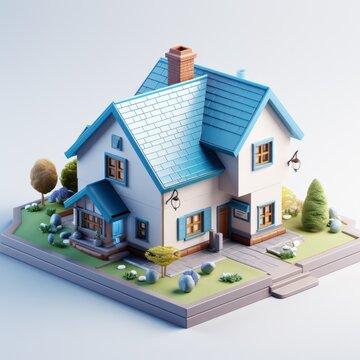 3D model a blue classic modern house, isometric illustration, render from blender in minimalism style, high quality details, isolated on white background.