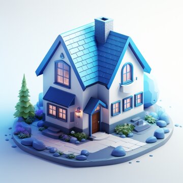 3D model a blue classic modern house, isometric illustration, render from blender in minimalism style, high quality details, isolated on white background.