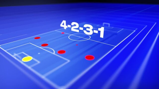 433 football formation animation, 4k 3d soccer pitch and stadium motion graphic in blue with red discs