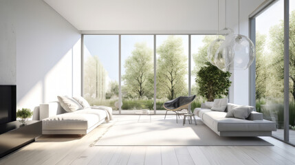 Living room with minimalist white furniture with large windows. Generative AI