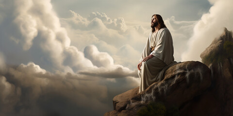 Jesus Christ son of god on a rock in robes overlooking his kingdom with heavenly clouds and light