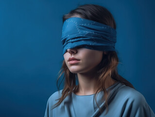Dramatic studio portrait of a battered woman blindfolded.
