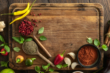 Wooden cutting board with various herbs, spices and vegetables with copy space. Food cooking...
