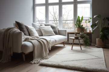 Beige and white minimalist living room. Generative AI