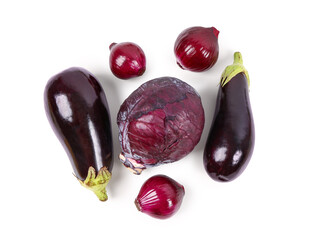 Fresh purple eggplant with cabbage and red onion on white background