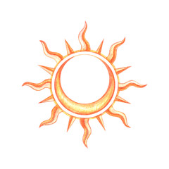 Watercolor magic sun with crescent inside isolated on white background. Celestial hand drawn clip art for astrological and esoteric blogs, tattoo, tarot cards, prints, label, tags, sticker pack.