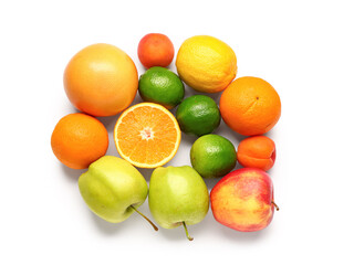 Fresh fruits on white background. Healthy food concept