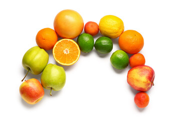 Frame made of fresh fruits on white background. Healthy food concept