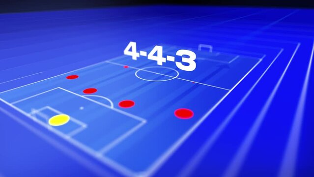 433 football formation animation, 4k 3d soccer pitch and stadium motion graphic in blue with red discs