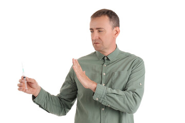 Mature drug addict rejecting syringe on white background