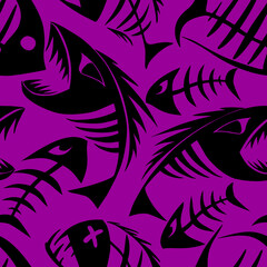 bright seamless pattern of black graphic fish skeletons on a purple background, texture, design