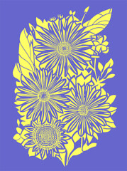 yellow graphic contour drawing of a bouquet of flowers on a blue background, design