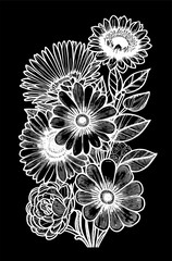 white graphic contour drawing of a bouquet of flowers on a black background, design