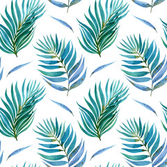 Watercolour tropical tree palm leaves illustration seamless pattern. On white background. Hand-painted. Floral elements, jungle leaves.