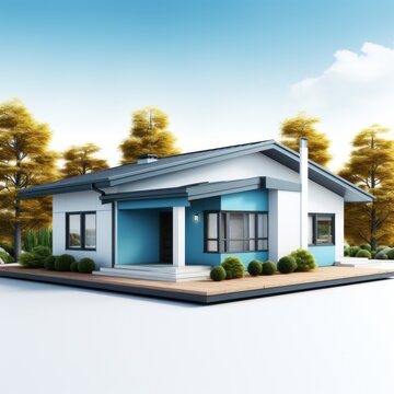 3D model a blue modern house with trees, isometric illustration, render from blender in minimalism style, high quality details, isolated on white background.