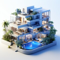 Fototapeta na wymiar 3D model a blue modern hotel with swimming pool and palms, isometric illustration, render from blender in minimalism style, high quality details, isolated on white background.