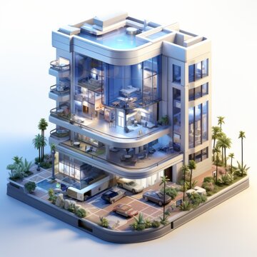 3D model a blue modern hotel with swimming pool and palms, isometric illustration, render from blender in minimalism style, high quality details, isolated on white background.