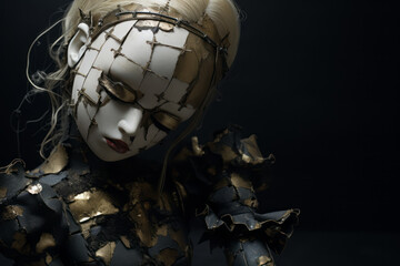 Broken cracked adult doll mannequin in style of dark baroque gothic - obrazy, fototapety, plakaty