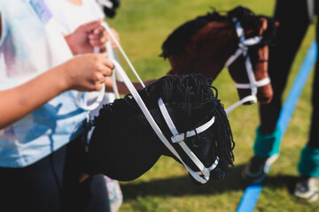 Hobby horsing competition on a green grass, hobby horse riders jumping, equestrian sport training with stick toy horses in a summer sunny day, equipment for hobbihorsing - obrazy, fototapety, plakaty