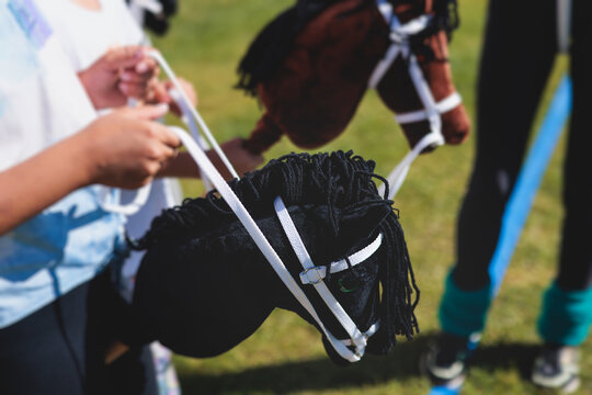 Hobby horsing competition on a green grass, hobby horse riders jumping, equestrian sport training with stick toy horses in a summer sunny day, equipment for hobbihorsing