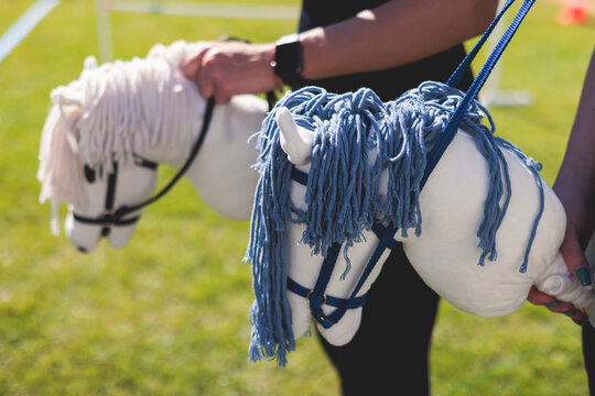 Hobby horsing competition on a green grass, hobby horse riders jumping, equestrian sport training with stick toy horses in a summer sunny day, equipment for hobbihorsing