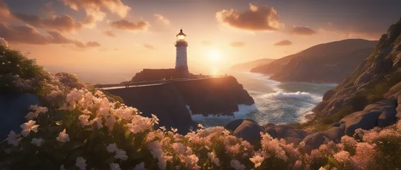 Fotobehang Waves of an ocean beating against a cliff on which there is a beautiful lighthouse against the backdrop of a sunset sky with clouds. Impressive and dynamic landscape. Flower field in foreground. © Valeriy