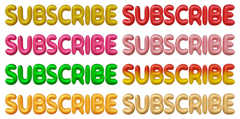 Set of subscribe text design isolated on transparent background in 3d rendering for social media channels concept.