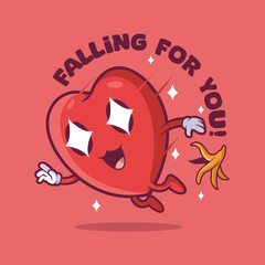 Heart character slipping on a banana peel vector illustration. Love, funny, cute design concept.