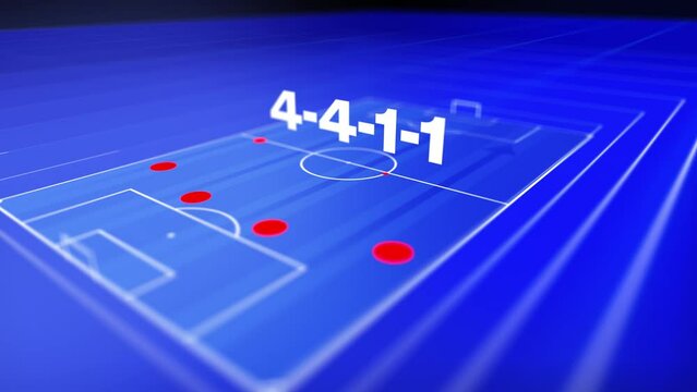 4K 3D Football pitch formation lineup 4-4-1-1, blue stadium animation