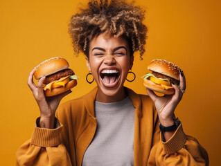Studio portrait of a cool happy woman showing a delicious couple of burger to the camera with her arms outstretched on a yellow background.