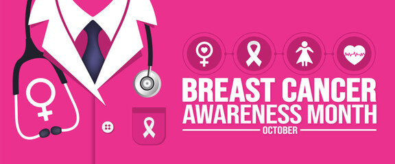 October is breast cancer awareness month doctor dress stethoscope background template. Holiday concept. background, banner, placard, card, and poster design template with ribbon and text inscription.
