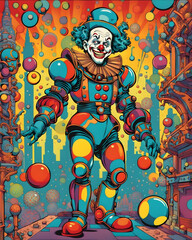 Fototapeta premium comic book illustration of a vintage clown , abstract art , generative ai