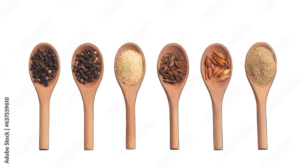 Poster spices in five wooden spoons isolated on white created with generative ai