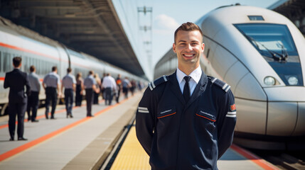 Hi speed Train driver posing in front of high speed train. Subway train - obrazy, fototapety, plakaty