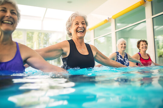 Elderly happy women do aqua aerobics in the indoor pool. Women look at the instructor and repeat the exercises © ribalka yuli