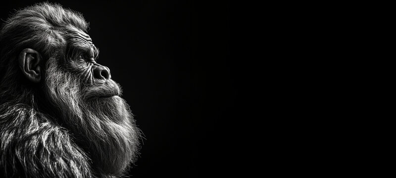 Black and white photorealistic studio portrait of an old bigfoot on black background with copy space © JoelMasson