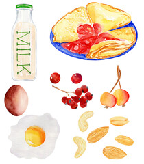 Hand-painted watercolor illustration of breakfast ingredients isolated on white background - crepes, pancake with red jam on a blue plate, milk bottle, eggs, berries, almonds, peanuts, cashew.