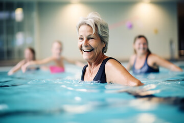 Obraz premium Elderly happy women do aqua aerobics in the indoor pool. Women look at the instructor and repeat the exercises