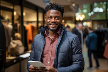 Obraz premium Fashionable happy man looks ahead against the backdrop of shops, boutiques. The concept of buying fashionable outfits, clothes. Generative Ai.