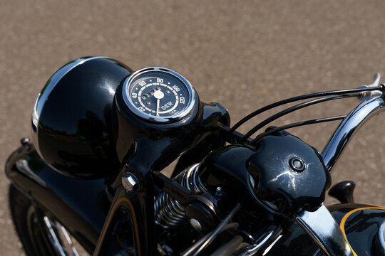 A dkw nz 350 motorcycle. View of the speedometer and fuel tank cap.