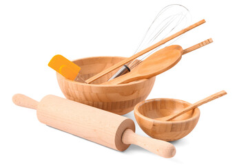 Wooden baking utensils isolated on white background