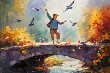 Boy Pretending to Fly Like a Bird on a Bridge - Impressionism